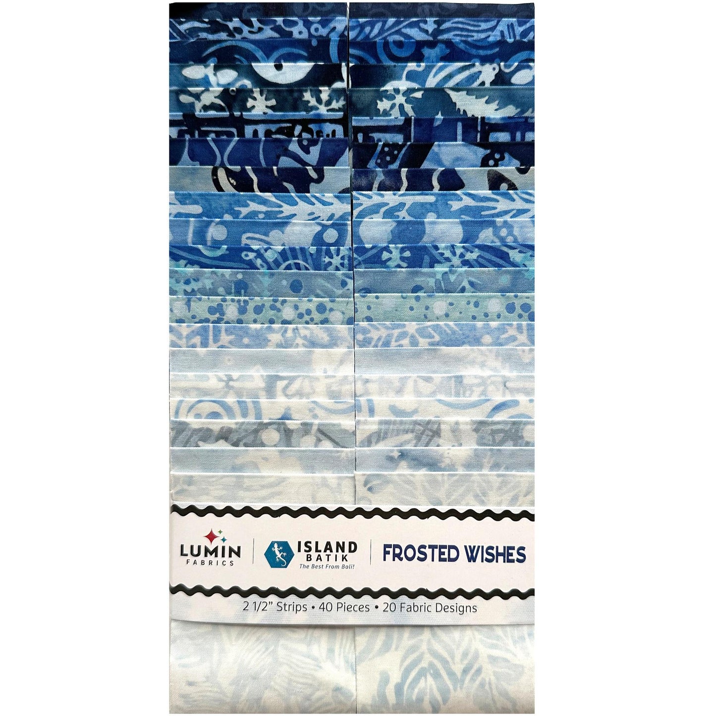 Frosted Wishes 2.5" Strip Pack, Island Batik, 2.5" Precut Blue White Christmas Xmas Icons Batik Fabric Strips