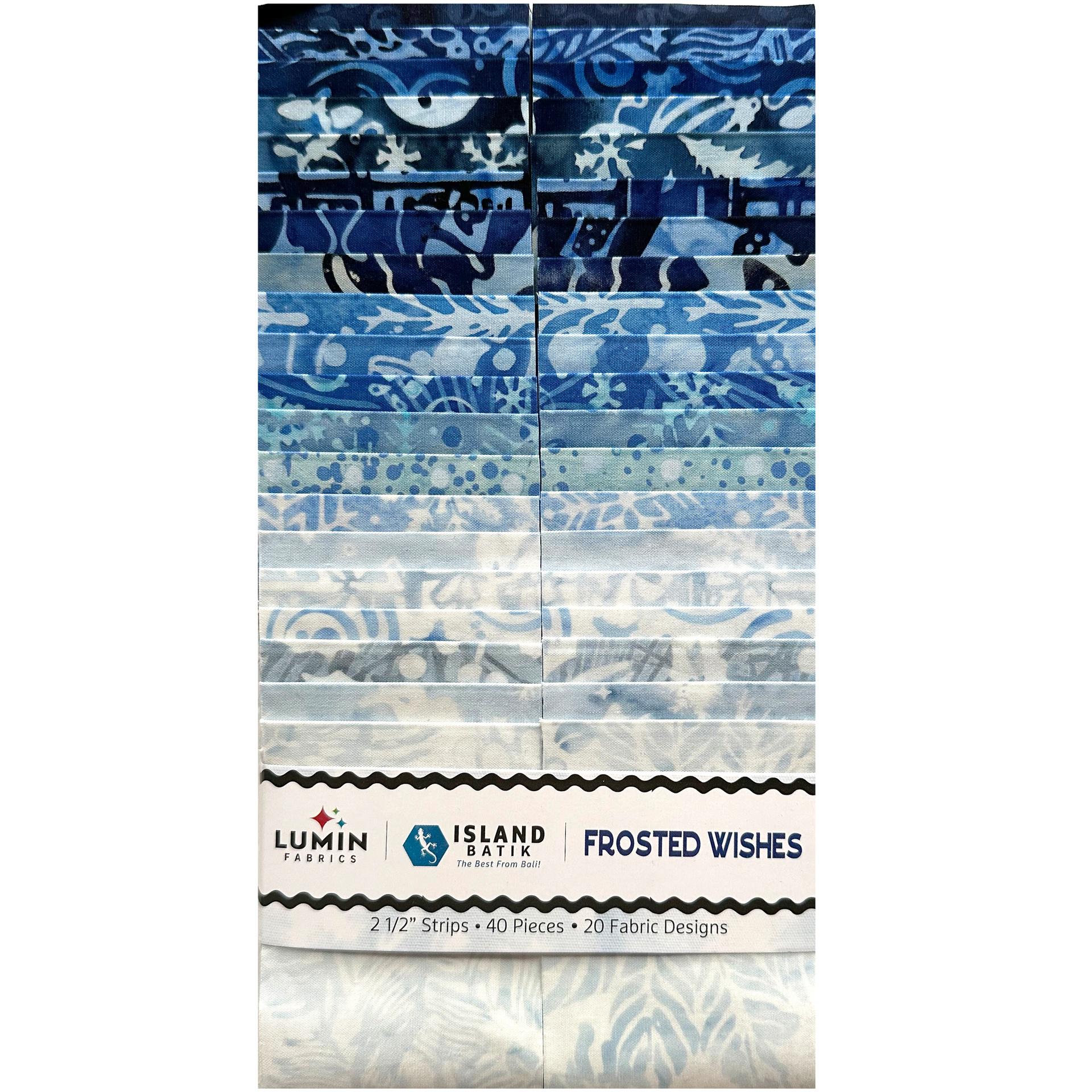 Frosted Wishes 2.5" Strip Pack, Island Batik, 2.5" Precut Blue White Christmas Xmas Icons Batik Fabric Strips