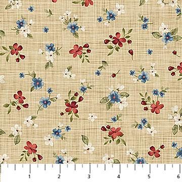 Farmhouse Sampler - Red Blue Flowers on Beige Fabric, Northcott 28605-12 Beige Multi, Woven Look Floral Cotton Quilt Fabric, By the Yard