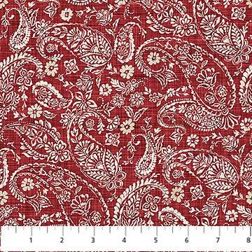 Farmhouse Sampler - Red Cream Paisley Bandana Fabric, Northcott 28607-24, Woven Look Red Bandana Cotton Quilt Aparrel Fabric, By the Yard