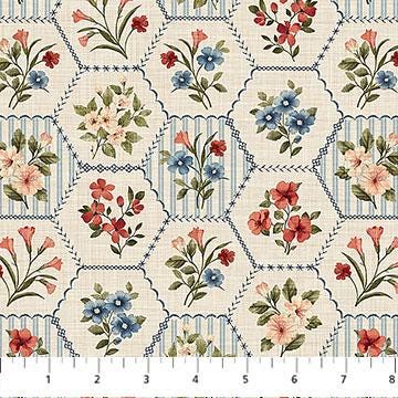 Farmhouse Sampler Tiles, Northcott TFARM42-10, 10" Precut Red Blue Cream Floral Americana Cotton Quilt Fabric Squares, QOV FOH