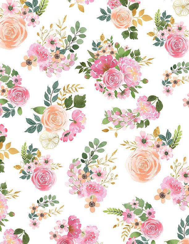 Peony Blossoms 5 Karat Crystals, Wilmington Prints 887-508, Precut 5" Pink Blue Yellow Floral Fabric Squares Charm Pack, Pooja Emrani