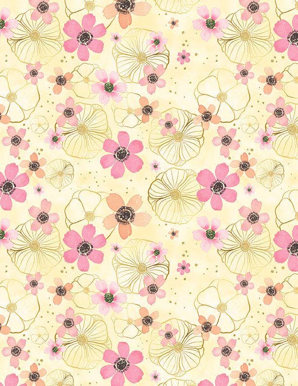 Peony Blossoms 5 Karat Crystals, Wilmington Prints 887-508, Precut 5" Pink Blue Yellow Floral Fabric Squares Charm Pack, Pooja Emrani