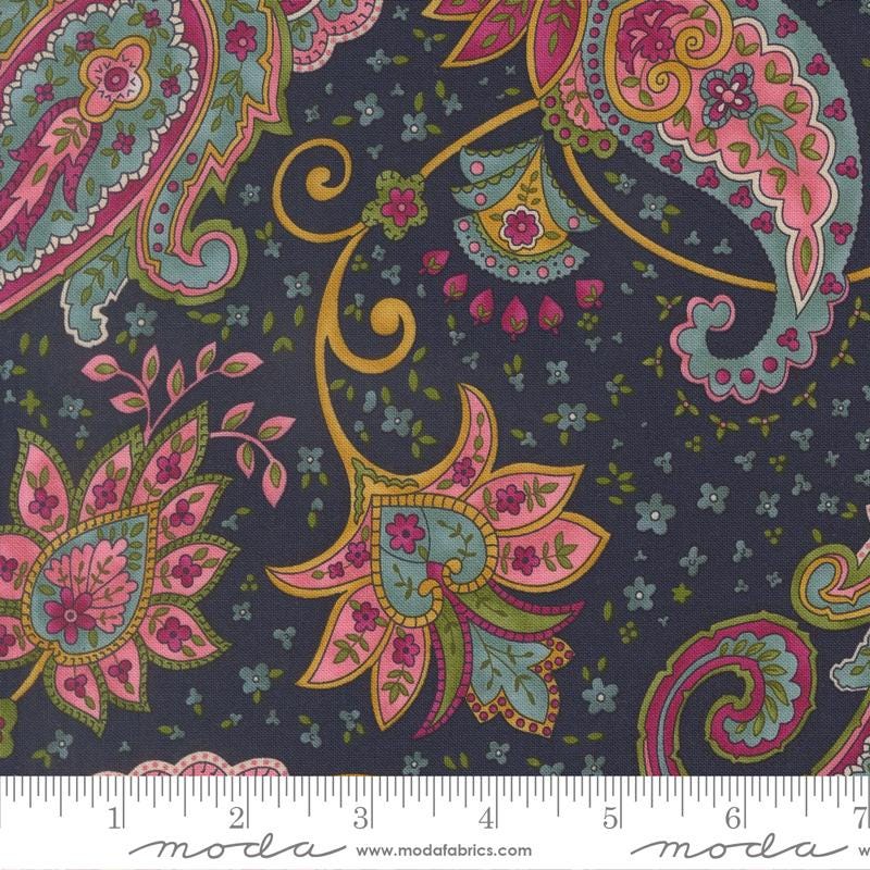 Chelsea Garden 5" Charm Pack, Moda 33850PP, 5" Precut Pink Teal Gold Navy Floral Charm Pack Fabric Squares