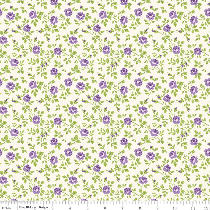 Hydrangeas in the Garden - Small Purple Flowers on Cream Fabric, Riley Blake C16832-CREAM, Purple Ditsy Floral Cotton Fabric, Bosworth