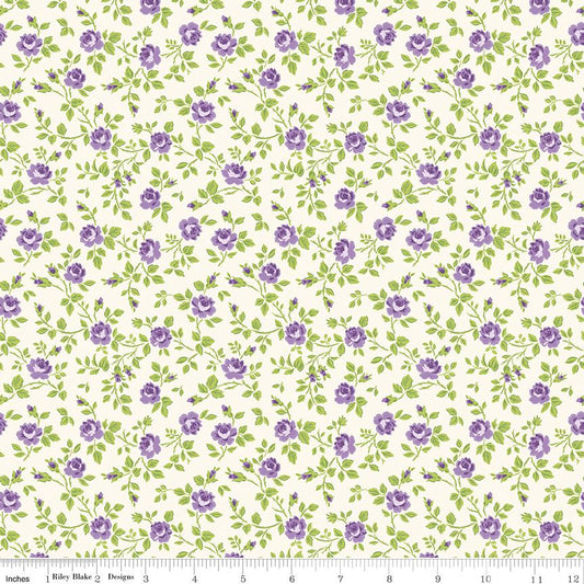 Hydrangeas in the Garden - Small Purple Flowers on Cream Fabric, Riley Blake C16832-CREAM, Purple Ditsy Floral Cotton Fabric, Bosworth