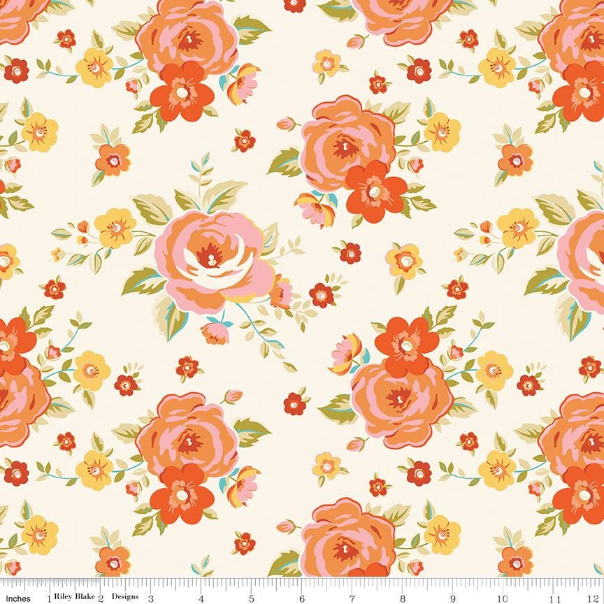 Peach Cobbler 10" Stacker, Riley Blake 10-17420-42, 10" Precut Pink Orange Green Yellow Spring Floral Fabric Squares, Lily Ashbury