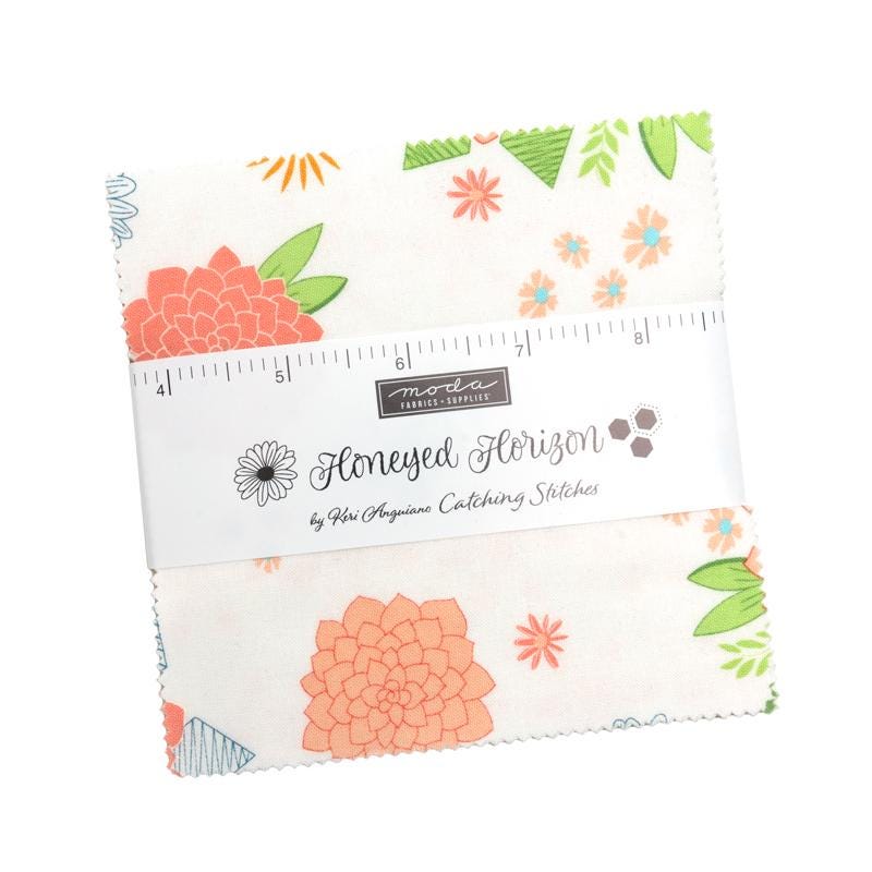 Honeyed Horizon 5" Charm Pack, Moda 47010PP, 5" Precut Pink Peach Aqua Green Floral Charm Pack Fabric Squares, Keri Anguiano