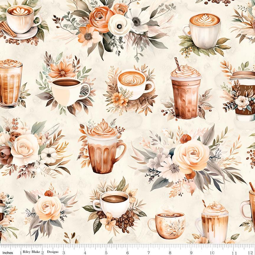 Coffee Time 5" Stacker, Riley Blake 5-17130-42, 5" Precut Brown Green Blush Coffee Themed Floral Fabric Squares