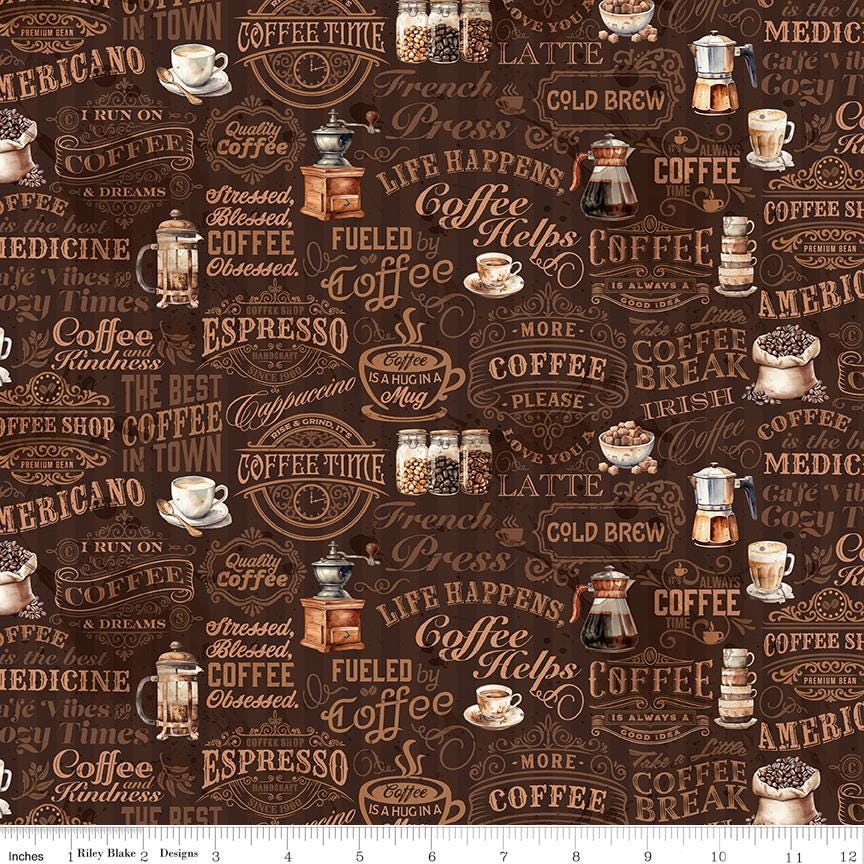 Coffee Time 5" Stacker, Riley Blake 5-17130-42, 5" Precut Brown Green Blush Coffee Themed Floral Fabric Squares