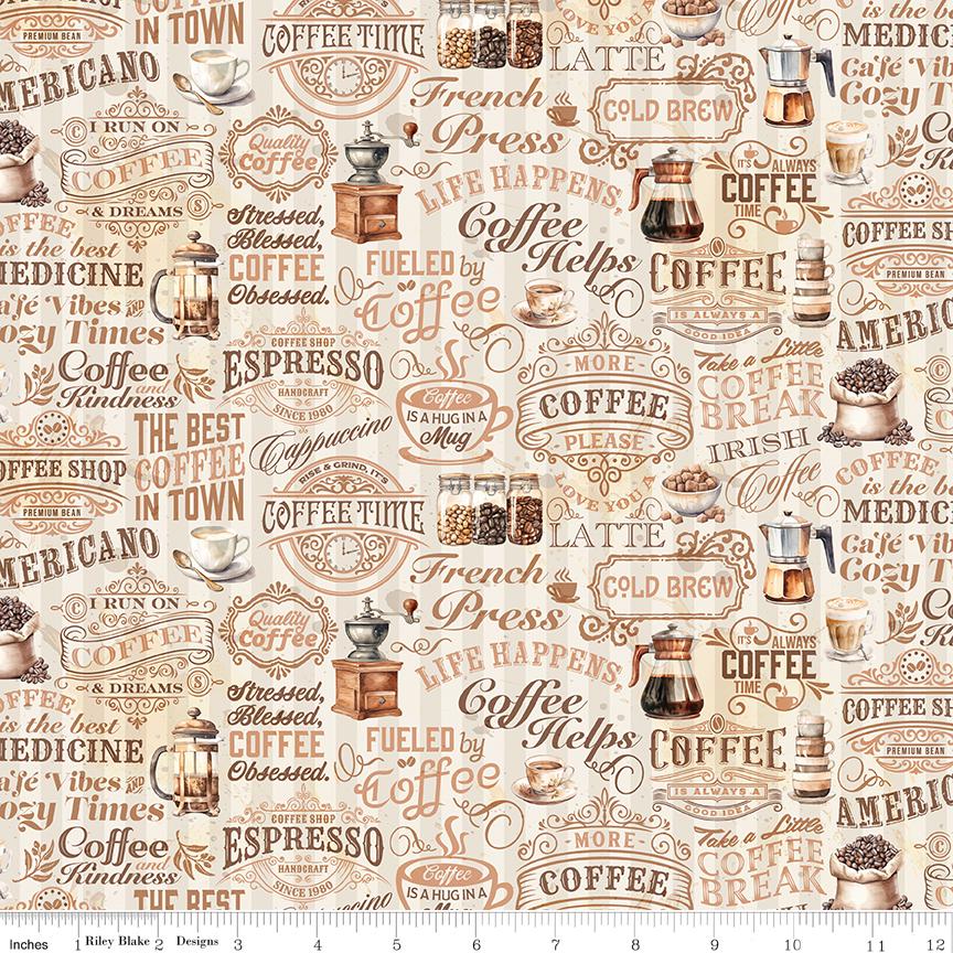 Coffee Time 5" Stacker, Riley Blake 5-17130-42, 5" Precut Brown Green Blush Coffee Themed Floral Fabric Squares