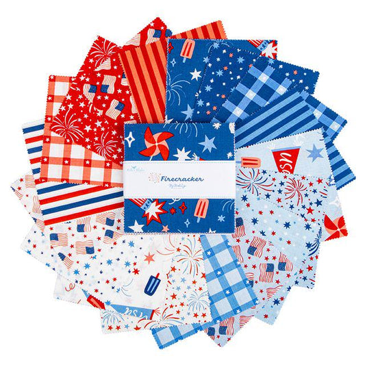 Firecracker 5" Stacker, Riley Blake 5-17200-42, 5" Precut Red White Blue Patriotic Floral Quilt Fabric Squares, My Mind's Eye