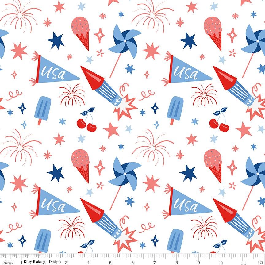 Firecracker 5" Stacker, Riley Blake 5-17200-42, 5" Precut Red White Blue Patriotic Floral Quilt Fabric Squares, My Mind's Eye