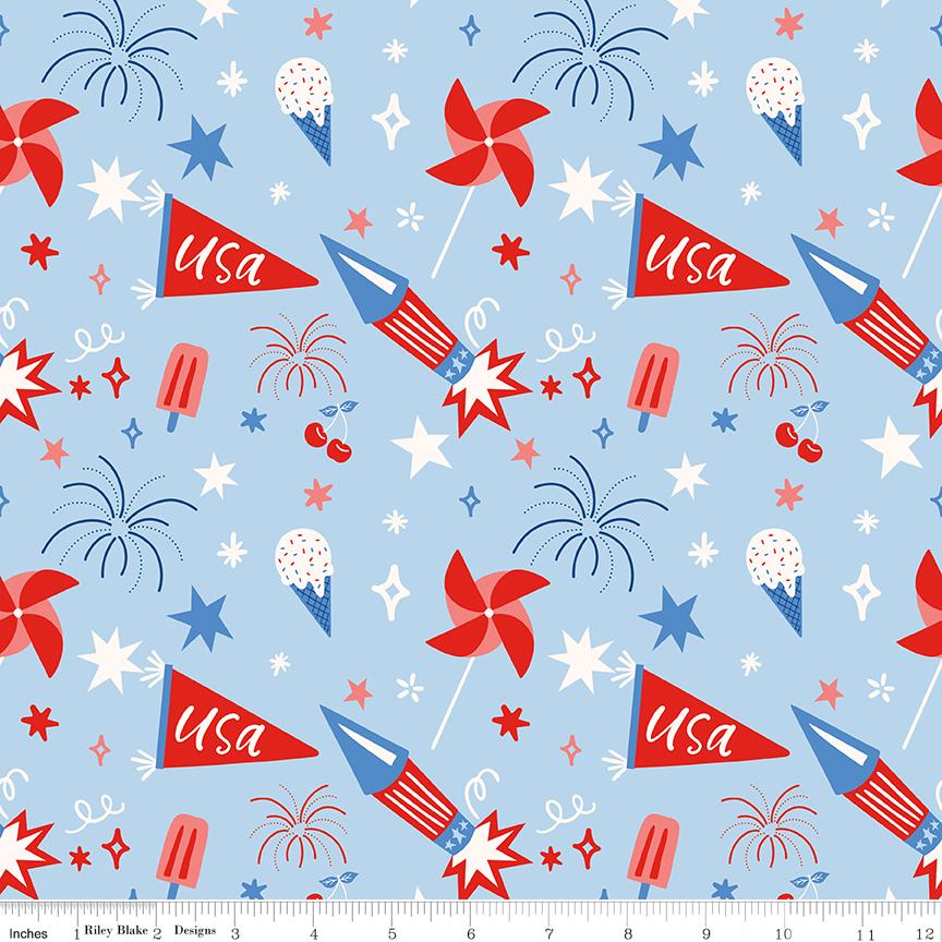 Firecracker 5" Stacker, Riley Blake 5-17200-42, 5" Precut Red White Blue Patriotic Floral Quilt Fabric Squares, My Mind's Eye