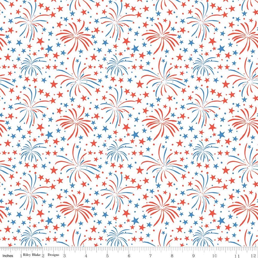 Firecracker 5" Stacker, Riley Blake 5-17200-42, 5" Precut Red White Blue Patriotic Floral Quilt Fabric Squares, My Mind's Eye