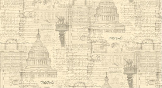 Oops! 108" 3 Sisters Patriotic Collage - USA Icons Beige Wide Quilt Back Fabric, Moda 108042 11 Parchment, Sateen Quilt Backing, By the Yard