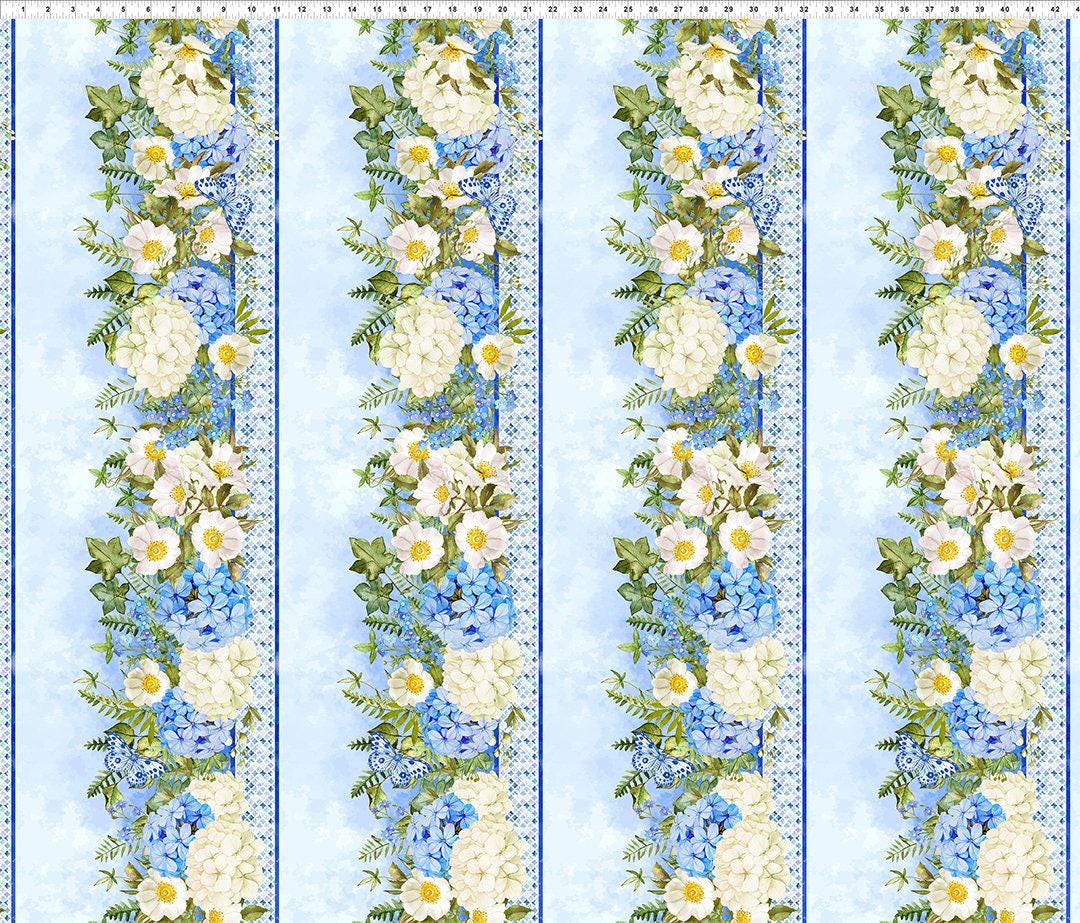 Periwinkle Spring - Blue White Hydrangeas Floral Border Print Fabric, In the Beginning 2PS-1, Border Stripe Fabric