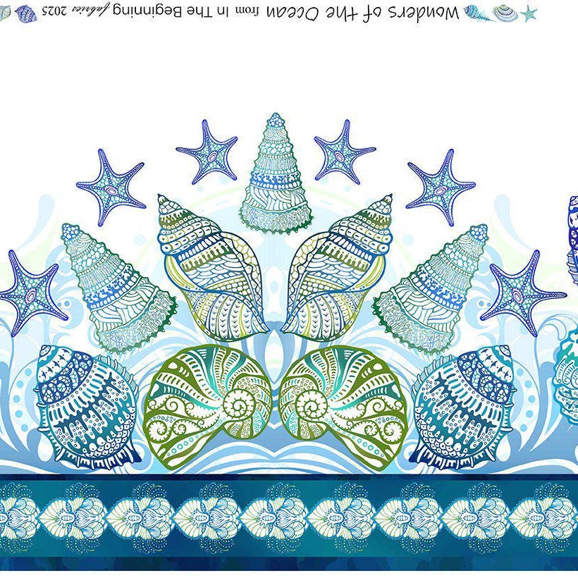 Wonders of the Ocean - Blue White Shells Border Print Fabric, In the Beginning 2WO-1 Blue, Beach Seashells Border Stripe Fabric