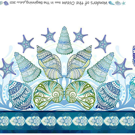 Wonders of the Ocean - Blue White Shells Border Print Fabric, In the Beginning 2WO-1 Blue, Beach Seashells Border Stripe Fabric