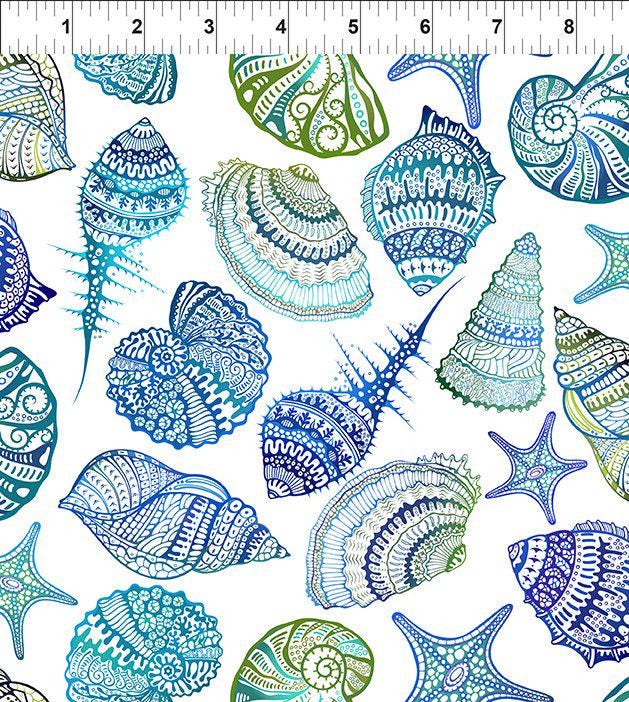 Wonders of the Ocean - Blue White Green Seashells Fabric, In the Beginning 5WO-1 Shells, Beach Seashell Fabric