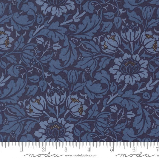 Morris Muse - Navy Blue Tonal Floral Reproduction Fabric, Moda 13384 14 Twilight, Floral Scroll Fabric, Barbara Brackman, By the Yard