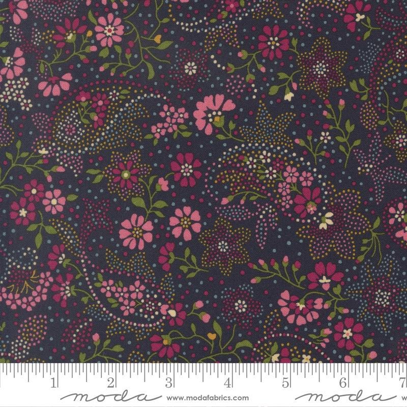 Chelsea Garden - Pink Floral Paisley on Navy Blue Fabric, Moda 33854 19 Midnight, Bohemian Flare Paisley, By the Yard