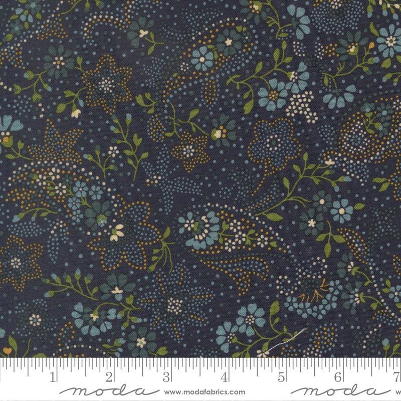 Chelsea Garden - Blue Floral Paisley on Navy Blue Fabric, Moda 33854 29 Drizzle, Bohemian Flare Paisley, By the Yard