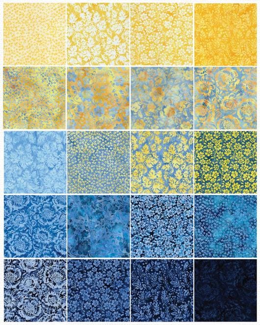 Countryside Charm 10" Stack, Island Batik, 10" Precut Blue Yellow Batik Fabric Layer Cake Quilt Squares