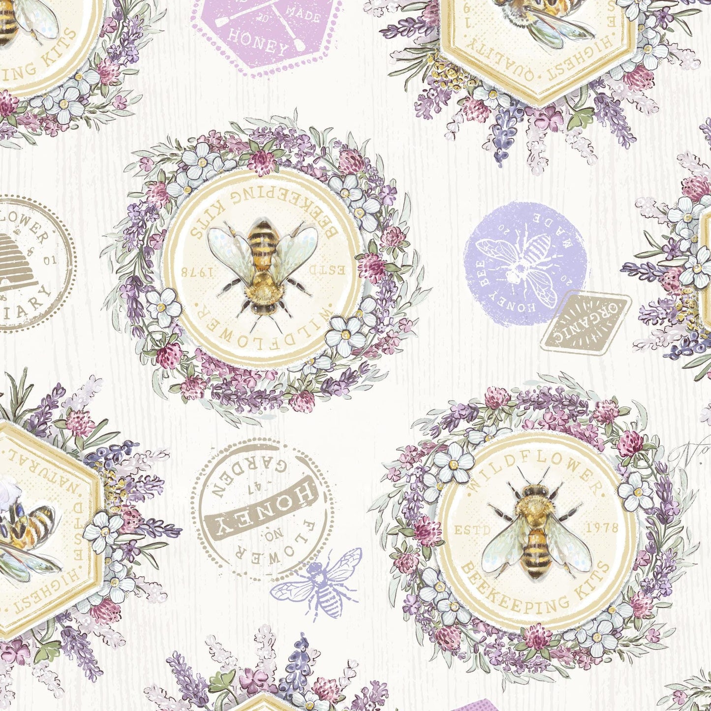 Sweet Honey Bee 5" Charm Squares, White Owl Fabrics SWEEHONEYBEE-05, 5" Precut Beehive Bees Floral Quilt Fabric Squares, Chad Barrett
