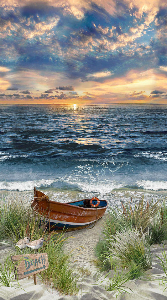 Water's Edge - Boat on Beach 24" Fabric Panel, Timeless Treasures PANEL-CD3870 Multi, Sea Sunset Sky Beach Fabric Panel