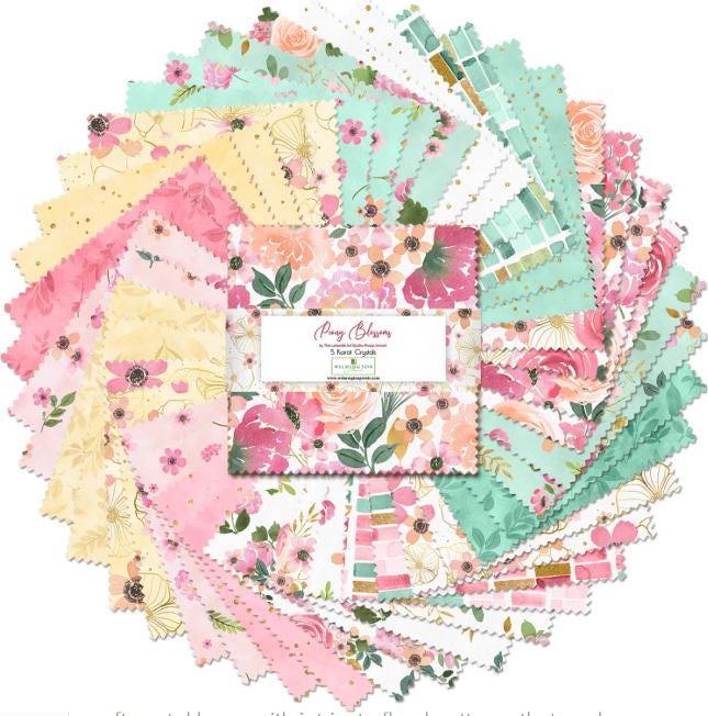 Peony Blossoms 5 Karat Crystals, Wilmington Prints 887-508, Precut 5" Pink Blue Yellow Floral Fabric Squares Charm Pack, Pooja Emrani