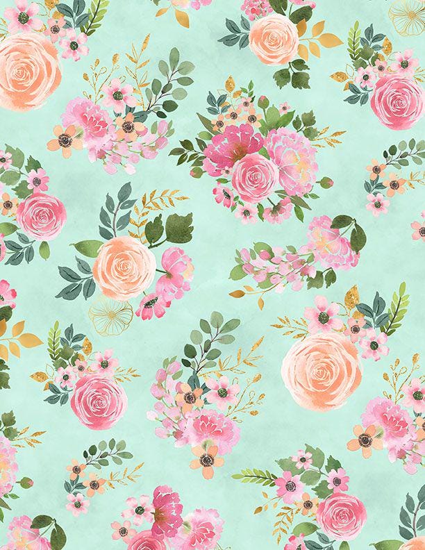 Peony Blossoms 5 Karat Crystals, Wilmington Prints 887-508, Precut 5" Pink Blue Yellow Floral Fabric Squares Charm Pack, Pooja Emrani