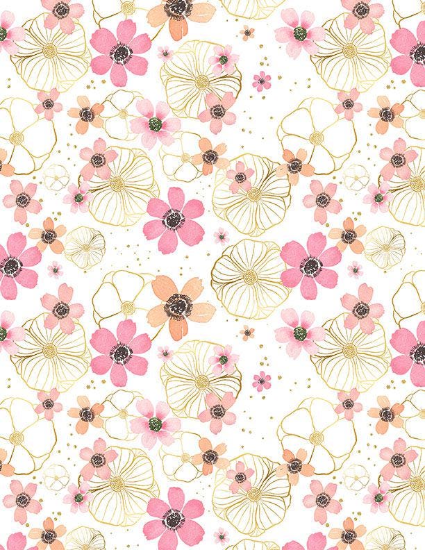 Peony Blossoms 5 Karat Crystals, Wilmington Prints 887-508, Precut 5" Pink Blue Yellow Floral Fabric Squares Charm Pack, Pooja Emrani