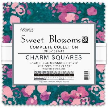 Artisan Batiks Sweet Blossoms 5" Charm Squares, Robert Kaufman CHS-1321-42, 5" Precut Floral Batik Charm Pack Fabric Squares