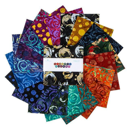 Expressions Batiks Kinetic Energy 5" Stacker, Riley Blake 5-23424-42, 5" Precut Blue Purple Green Rust Batik Fabric Squares