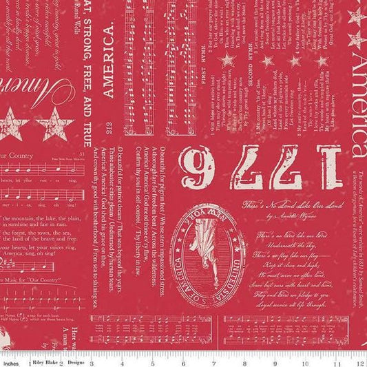 Americana - White Patriotic Text on Red Fabric, Riley Blake C16080-Berry, Red Patriotic Cotton Blender Fabric, QOV FOH Fabric, By the Yard
