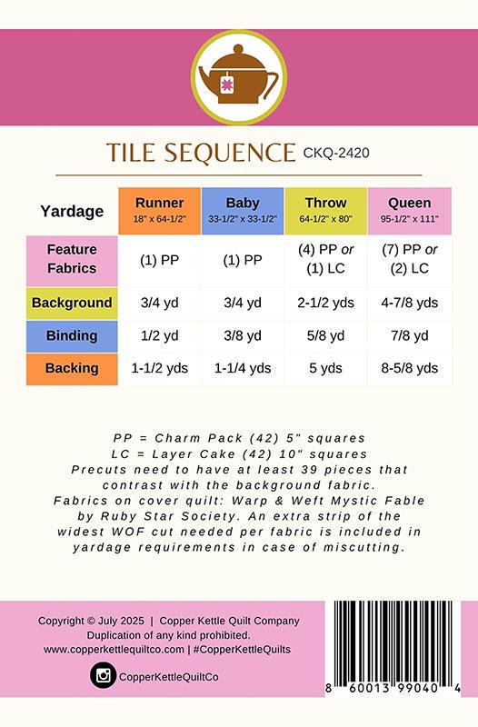 Tile Sequence Quilt Pattern, Copper Kettle Quilt Co CKQ2420, Charm Pack Layer Cake Friendly Patchwork Quilt Pattern, Sarah Sumbera