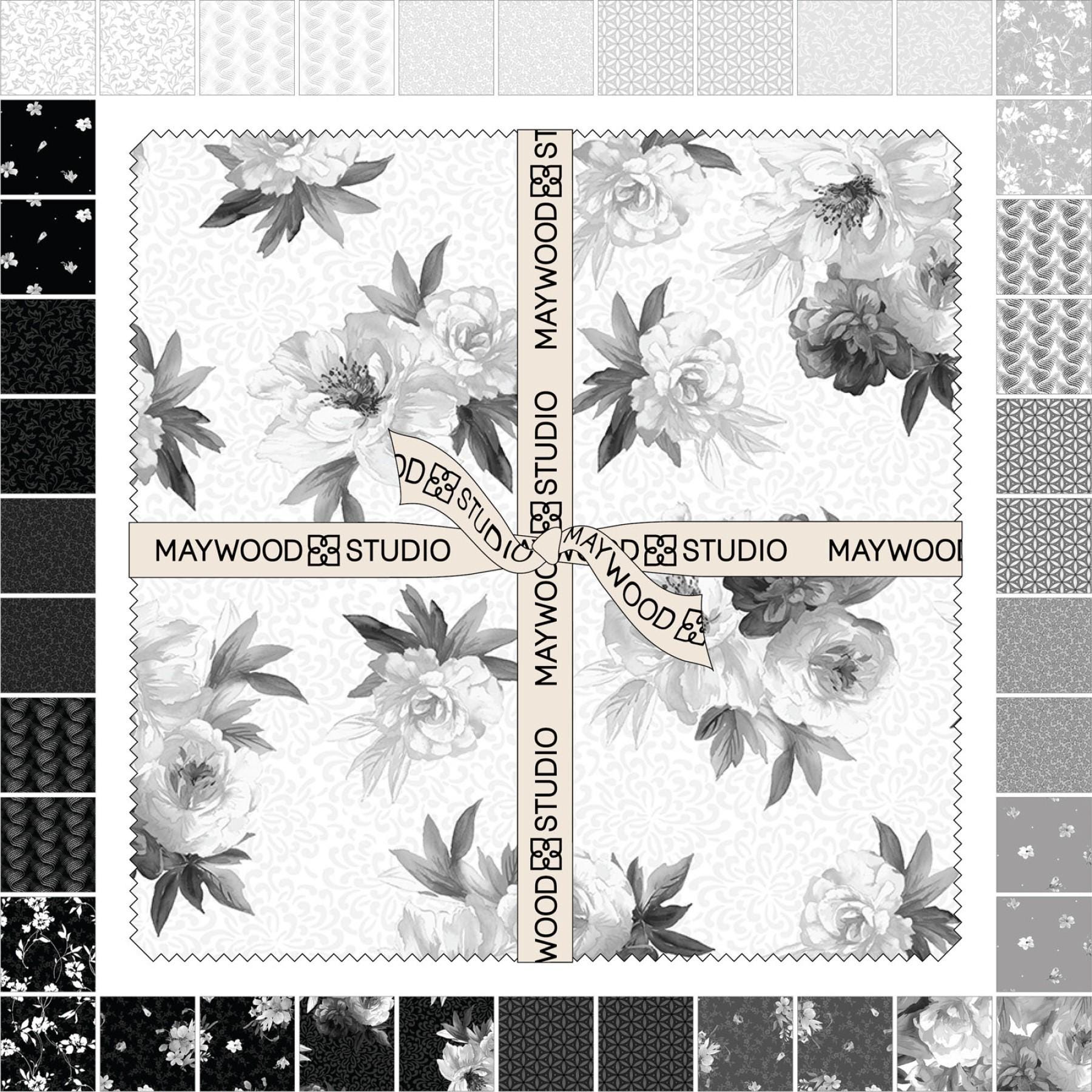 Moonlit Walk 10" Squares, Maywood Studio SQ-MASMOON, 10" Precut Black Gray White Floral Layer Cake Fabric Squares