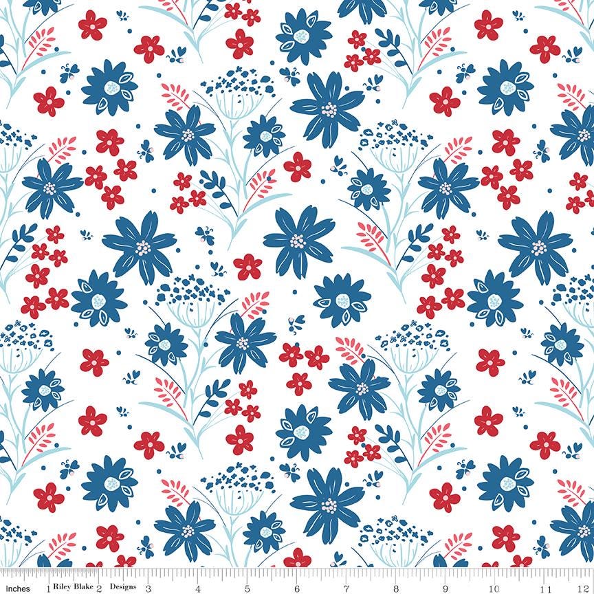 Firework Fields 5" Stacker, Riley Blake 5-17580-42, 5" Patriotic Floral Independence Day July 4th Fabric Squares, Gracey Larson