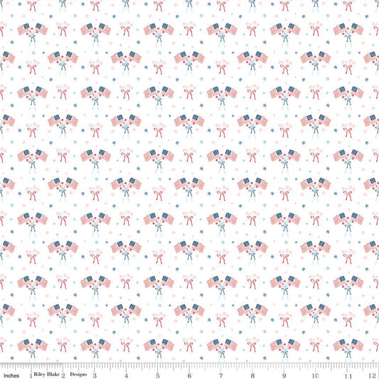 Firework Fields - USA Flags on White Fabric, Riley Blake C17586-White, Patriotic Cotton Quilt Apparel Fabric, By the Yard