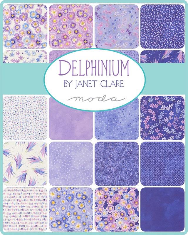 Delphiniums Charm Pack, Moda 24650PP, Precut 5" Lavender Pink Blue Watercolor Floral Quilt Fabric Squares, Janet Clare