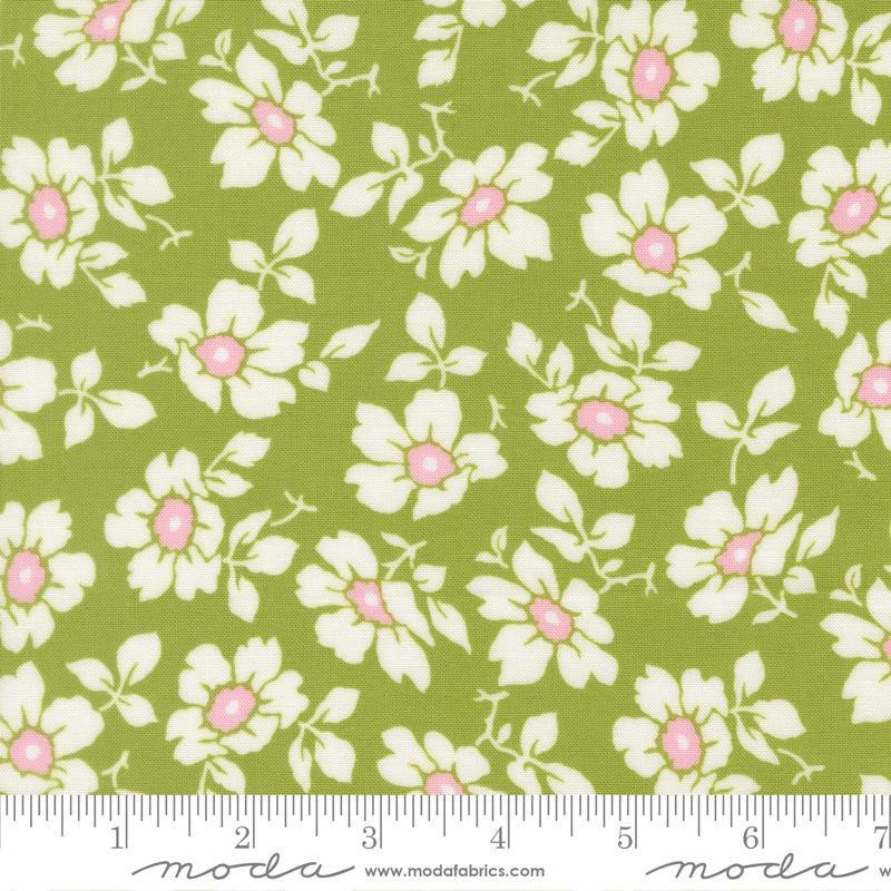 Summer's End - White Pink Flowers on Green Fabric, Moda 35431-19 Clover, Green Floral Fabric, Quilting Cotton, Fig Tree, By the Yard