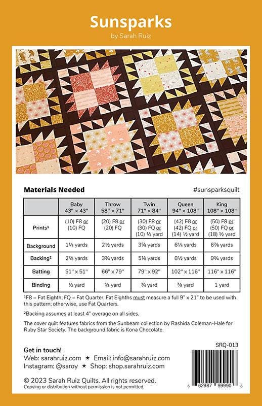 Sunsparks Quilt Pattern, Sarah Ruiz Quilts SRQ013, Fat Quarter Eighths F8 FQ Friendly Baby Throw Twin Queen King Bed Quilt Pattern