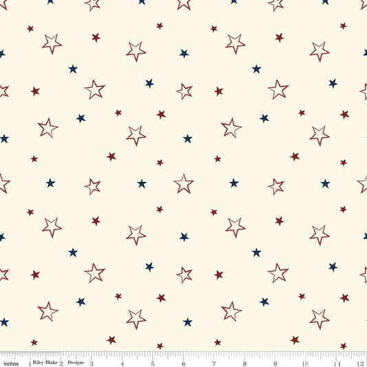 American Honor - Patriotic Red Blue Stars Cream Fabric, Riley Blake C17095-Cream, Patriotic Blender Background Cotton Fabric, By the Yard