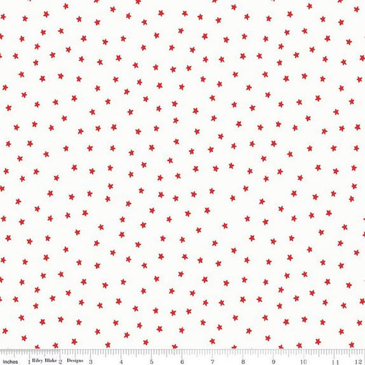 Sew America - Tiny Red Stars on White Fabric, Riley Blake C17354-White, Patriotic Star Cotton Blender Fabric, By the Yard