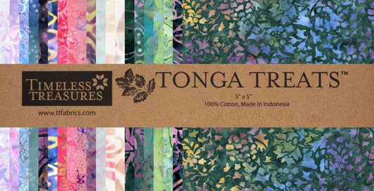 Tonga Mayfair Batik 5" Squares, Timeless Treasures Treat-Mini42 Mayfair, 5" Precut Pink Blue Green Purple Batik Charm Pack Squares