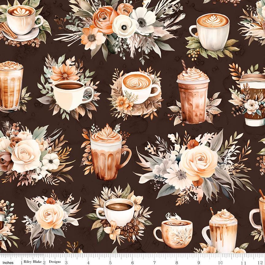 Coffee Time 5" Stacker, Riley Blake 5-17130-42, 5" Precut Brown Green Blush Coffee Themed Floral Fabric Squares