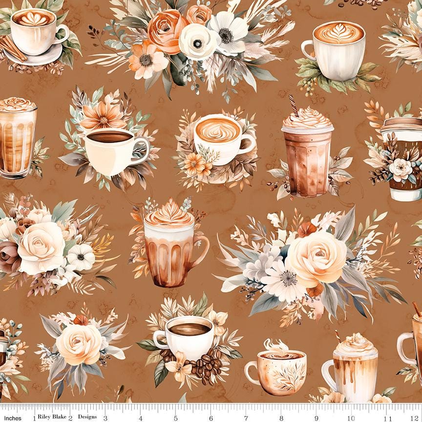 Coffee Time 5" Stacker, Riley Blake 5-17130-42, 5" Precut Brown Green Blush Coffee Themed Floral Fabric Squares