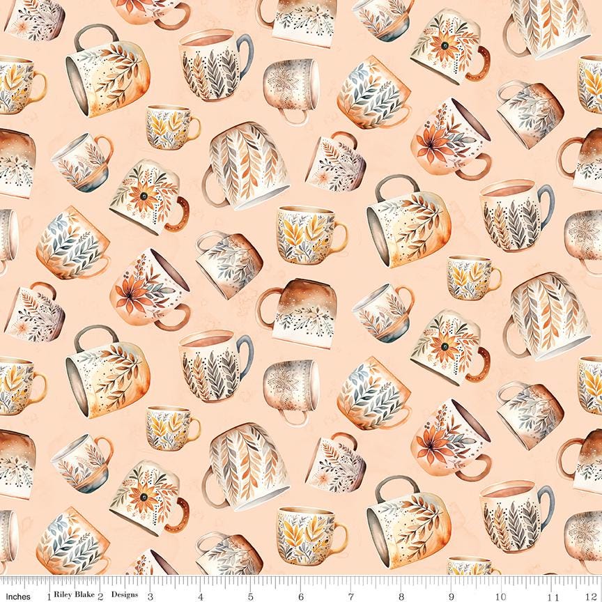 Coffee Time 5" Stacker, Riley Blake 5-17130-42, 5" Precut Brown Green Blush Coffee Themed Floral Fabric Squares