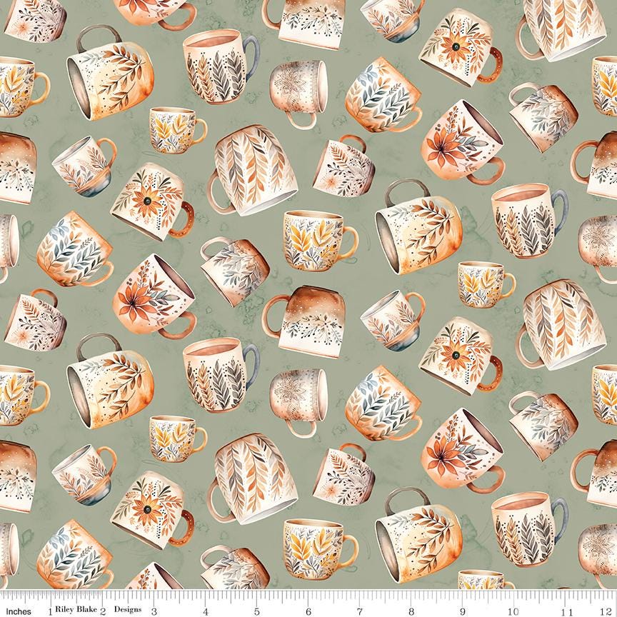 Coffee Time 5" Stacker, Riley Blake 5-17130-42, 5" Precut Brown Green Blush Coffee Themed Floral Fabric Squares